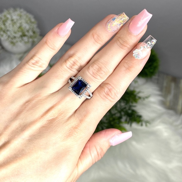 Blue Sapphire Rectangular Halo CZ Ring - Picture 2 of 5